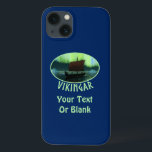 Coques Pour iPhone Viking Navire Et Lumières Du Nord<br><div class="desc">Une image légèrement stylisée d'un longship viking naviguant la nuit sous les aurores boréales là-bas quelques icebergs ; la plupart de l'équipage est endormi. Le texte "VIKINGAR" (Vikings) apparaît également. Ajoutez votre propre texte supplémentaire.</div>
