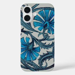 Coque Pour iPhone 16 vintage bleu antique fleurs artisanat rustique