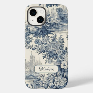 Coque Case-Mate iPhone Vintage chic floral Bleu toile de jouy monogramme