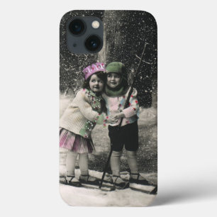 Coques Pour iPhone Vintage Christmas, Best Friends on Skis