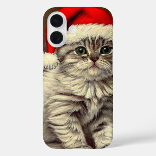 Coque Pour iPhone 16 Vintage Christmas Kitty portant le chapeau de Sant