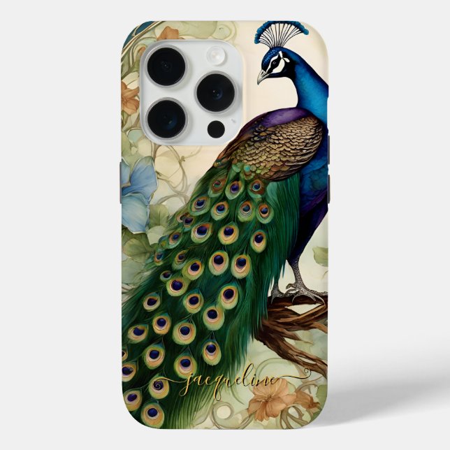 Coques Case-Mate iPhone Vintage Elégant Peacock Feathers Art Nouveau Nom (Verso)
