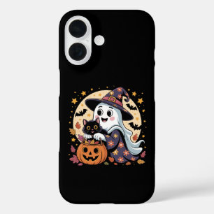 Coque Pour iPhone 16 Vintage Fantôme d'Halloween tenant un chat noir Su