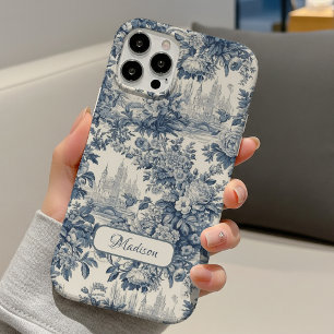 Coque Pour iPhone 16 Vintage floral chic Blue toile de Jouy monogramme