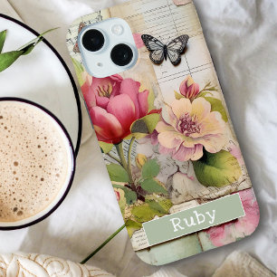 Coque Case-Mate iPhone Vintage Floral Nom personnalisé Scrapbook Collage 