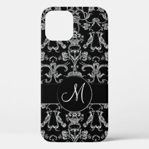 Coque iPhone 12 Vintage Florentine Damask (Monogramme) (Blanc)