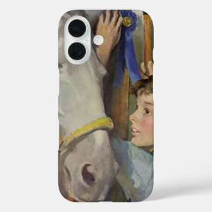 Coque Pour iPhone 16 Vintage Garçon avec son ruban bleu Cheval gagnant