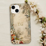 Coque Case-Mate iPhone Vintage Grunge Artisan Monogramme Botanique<br><div class="desc">Artistic vintage style écarlate,  fleurs blanches et bleues poussiéreuses avec sauge et feuillage brun sur parchemin artisan en détresse avec champ de texte optionnel pour votre nom ou monogramme.</div>