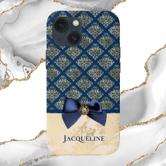 Coque Case-Mate iPhone Vintage Marine Gold Damask Look avec Bow et nom