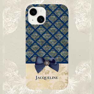 Coque Case-Mate iPhone Vintage Marine Gold Damask Look avec Bow et nom
