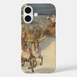 Coque Pour iPhone 16 Vintage Noël Père Noël Sleigh avec Reindeer
