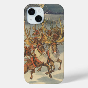 Coque Pour iPhone 15 Vintage Noël Père Noël Sleigh avec Reindeer