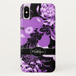 Coque iPhone X Vintage noir fleurs violettes oiseaux Monogramme