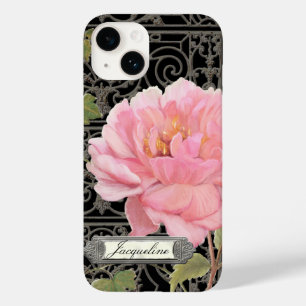Coque Pour iPhone 14 Vintage noir rose élégante florale de Peony