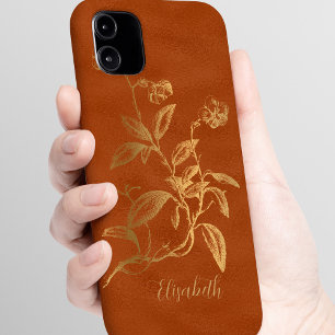 Coque Pour iPhone 16 Vintage or floral brûlé orange nom personnalisé