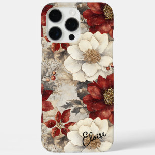 Coque iPhone 16 Pro Max Vintage personnalisé rouge & blanc Noël Floral