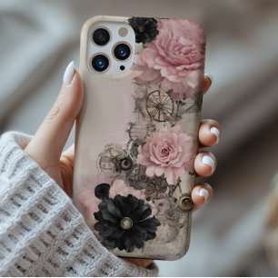 Coque iPhone 16 Pro Max Vintage Steampunk Boho rose et noir Floral