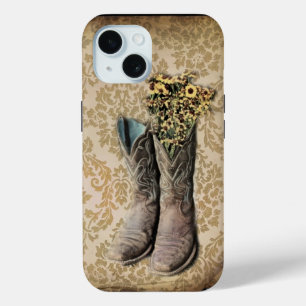 Coque Pour iPhone 15 vintage tan damask western country cowboy