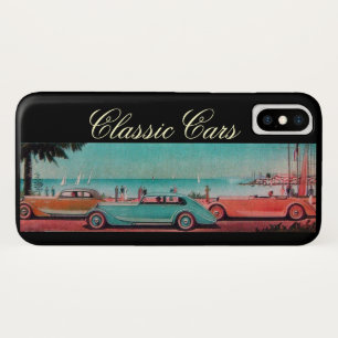 Coque iPhone X VINTAGE VOITURES SUR LA ROUTE DE LA PLAGE Bleu rou