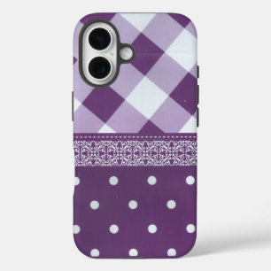Coque Pour iPhone 16 Violet blanc À damiers Polka Dot Floral Damask Art