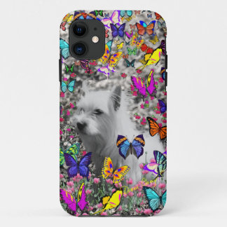 Coque iPhone 11 Violette dans les papillons - chien blanc de