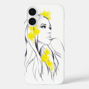 Coques iPhone 16 Visage de femme Fleurs jaunes Illustration de mode