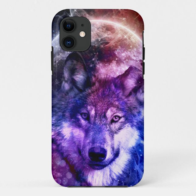 Coques Case-Mate iPhone Visage de loup de Galaxie mystique avec Pleine lun (Dos)