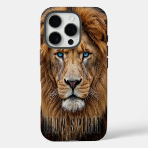 Coque iPhone 16 Pro Visage majestueux de lion aux yeux bleus   Faune A