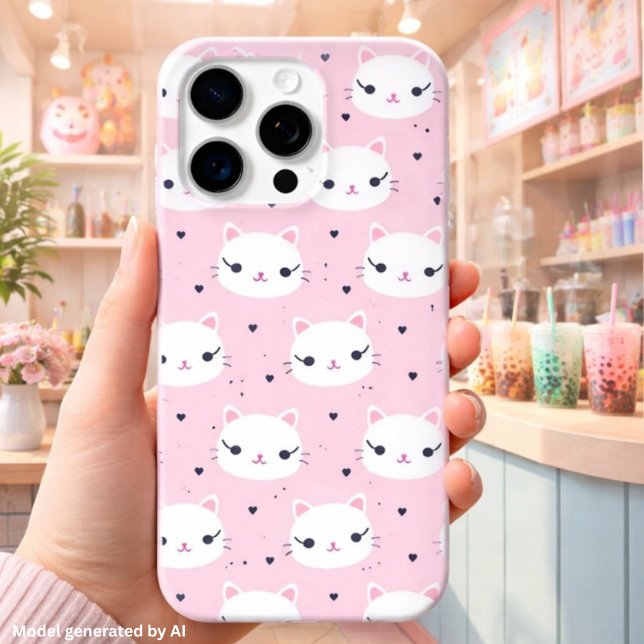 Coques Case-Mate iPhone Visages de Chat Kawaii avec des Cœurs – Motif Rose (Créateur téléchargé)