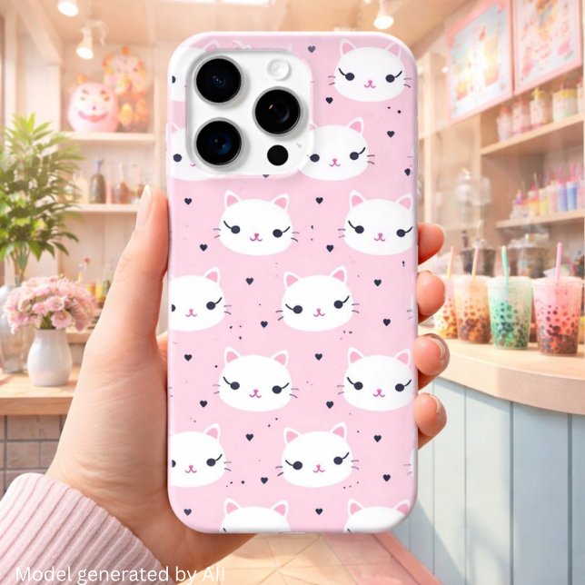 Coques Case-Mate iPhone Visages de Chat Kawaii avec des Cœurs – Motif Rose (Créateur téléchargé)