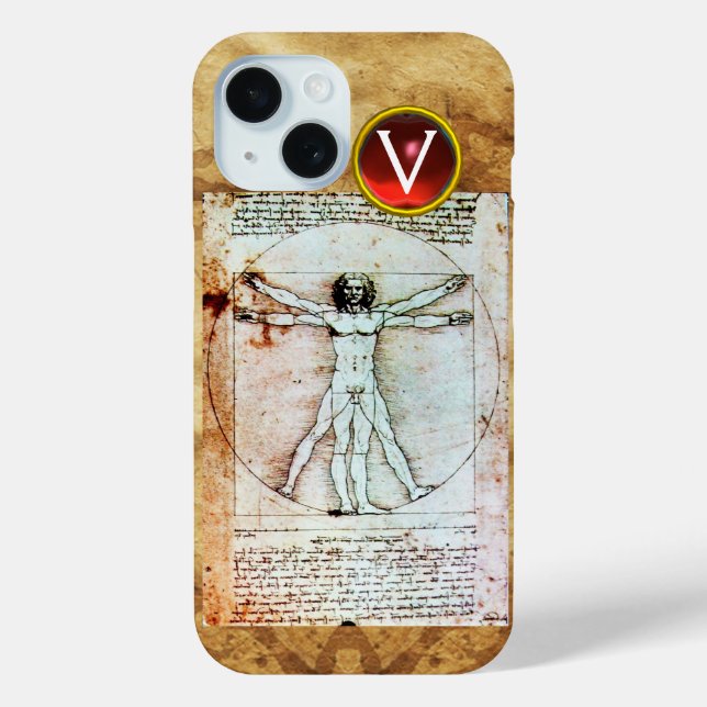 Coques Case-Mate iPhone VITRUVIAN MAN Parchemin antique Rouge Ruby Monogra (Verso)