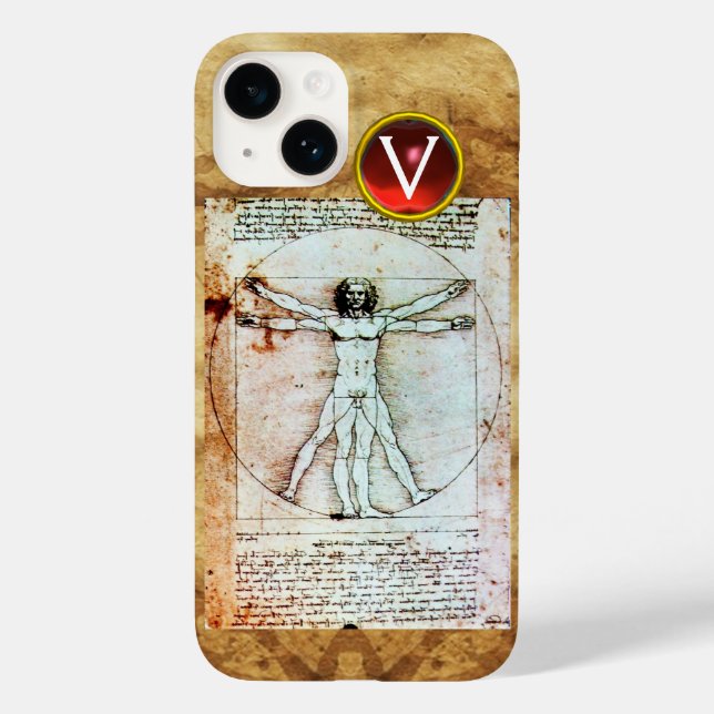 Coques Case-Mate iPhone VITRUVIAN MAN Parchemin antique Rouge Ruby Monogra (Verso)