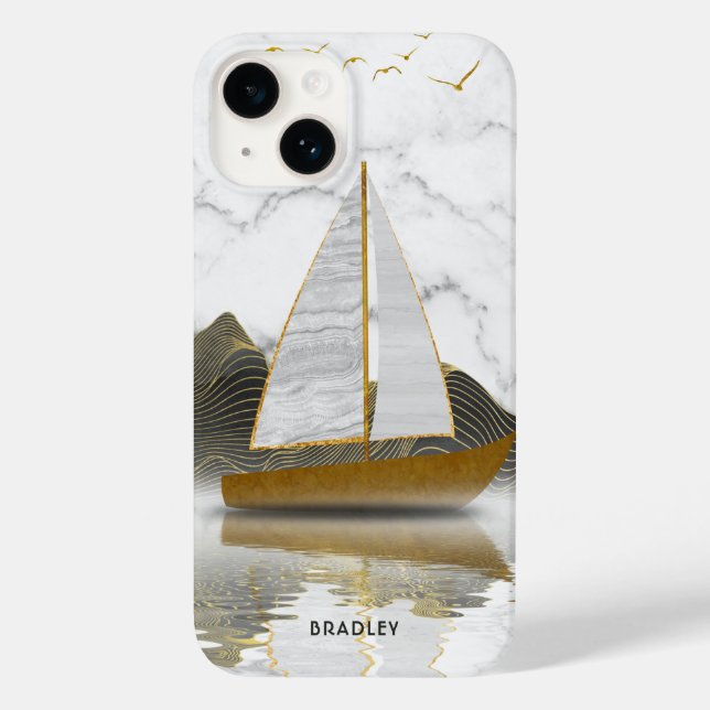 Coques Case-Mate iPhone Voile de yacht moderne et élégant Marbre doré Nom (Verso)