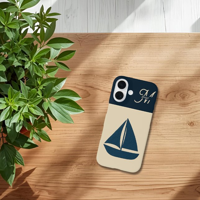 Coques Case-Mate iPhone voilier bleu marine & Monogram Beige Maison côtièr (Créateur téléchargé)