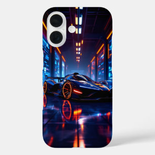 Coque Pour iPhone 16 Voiture de course futuriste dans un garage néon