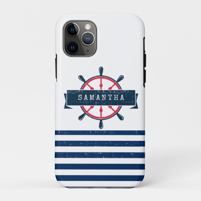 Coques Case-Mate iPhone Volant de bateau nautique, rayures bleu marine (Dos)