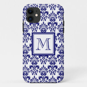 Coque Case-Mate iPhone Votre monogramme, motif 2 de damassé de bleu