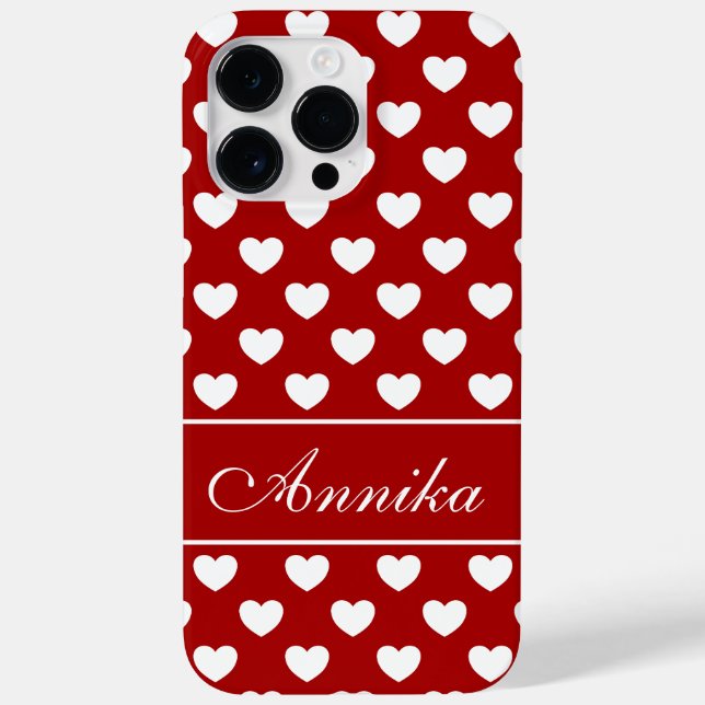 Coques Case-Mate iPhone Votre Nom, Coeurs Blancs Sur Rouge (Verso)