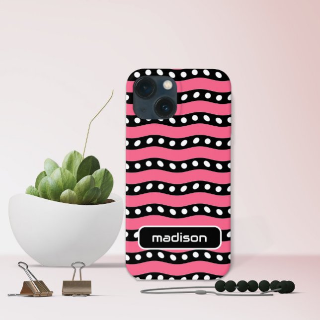 Coques Case-Mate iPhone Votre nom Fun Pink and Black Stripes avec des poin (Créateur téléchargé)