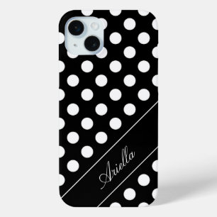 Coque iPhone 15 Mini Votre nom /Modèle texte, Pointe Polka noir & blanc