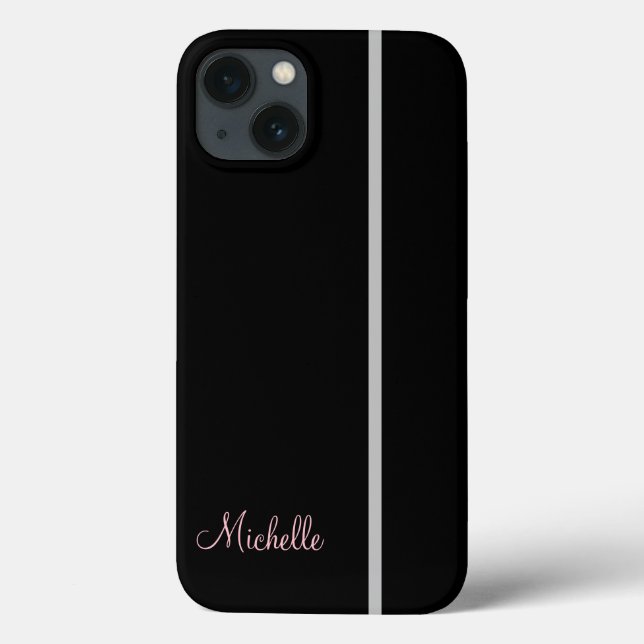 Coques Case-Mate iPhone Votre nom sur bande grise sur graphique noir (Verso)