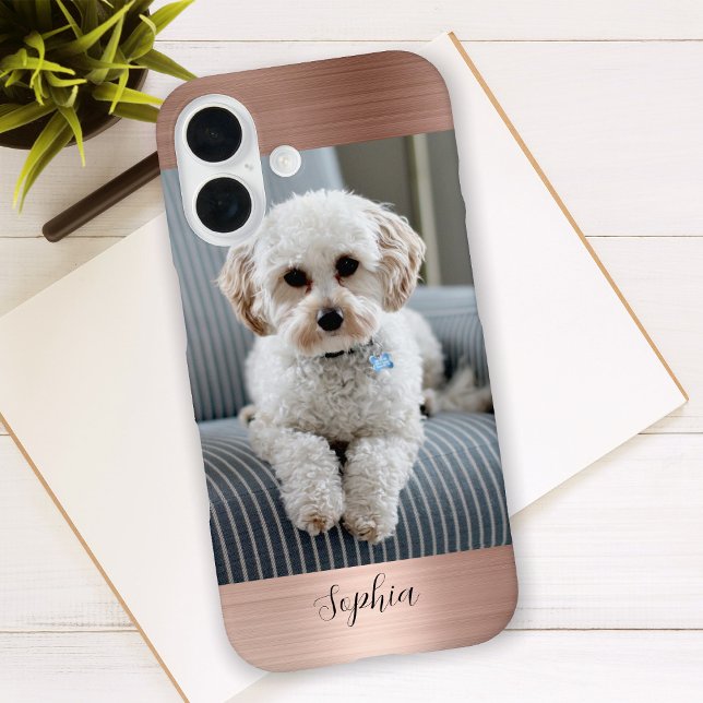 Coques Case-Mate iPhone Votre photo, Faux Rose Gold Metal & Script Nom (Créateur téléchargé)