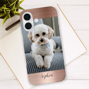 Coque Pour iPhone 16 Votre photo, métal de rose faux et nom en écriture