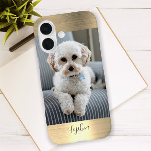 Coque Pour iPhone 16 Votre photo, métal doré faux et nom en écriture cu