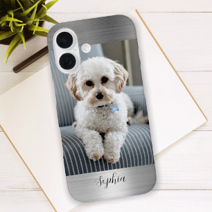 Coque Pour iPhone 16 Votre photo, métal faux argenté et nom en écriture