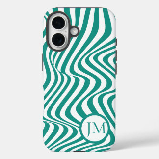 Coque Pour iPhone 16 Wavy Abstract Teal with Initial 