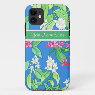 Coque iPhone 11 Weigela, Philadelphus sur le bleu, fleurs du print