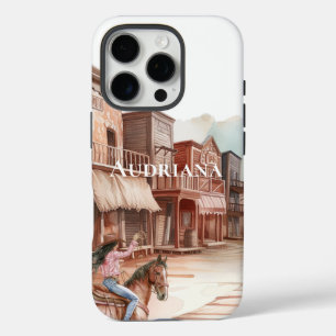 Coque iPhone 16 Pro Western ville fille à cheval