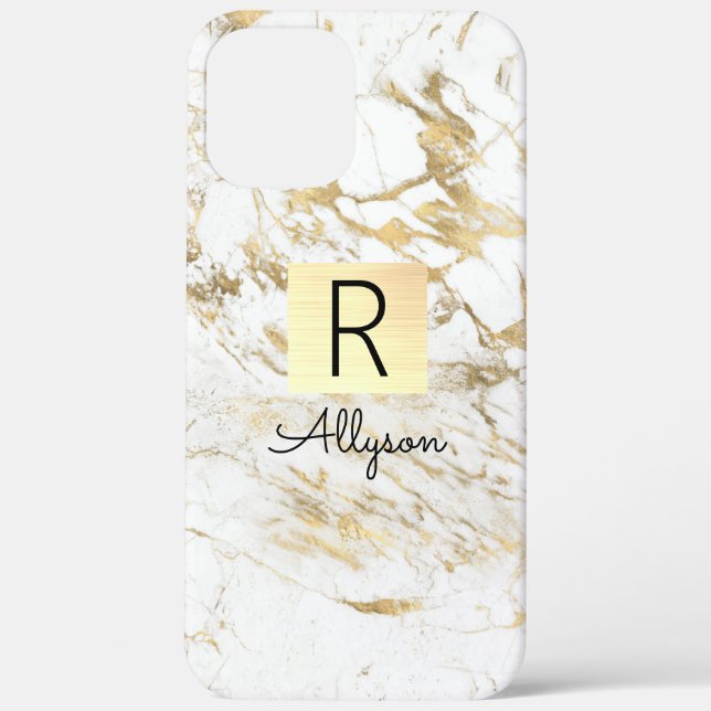 Coques Case-Mate iPhone Wh & Gold Marble Gold Box, Black Name & Monogram (Verso)
