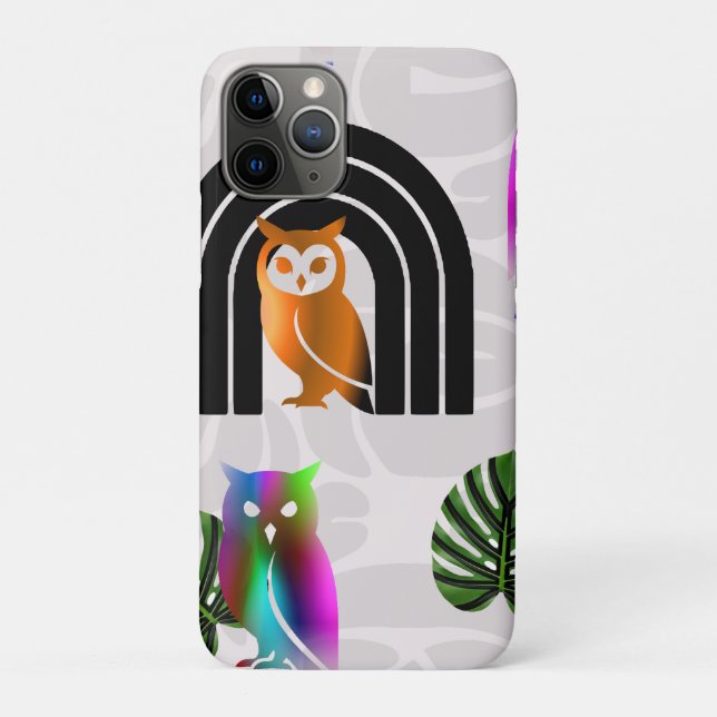 Coques Case-Mate iPhone Whimsical Boho Owl & Tropical Monstera Leaf (Dos)